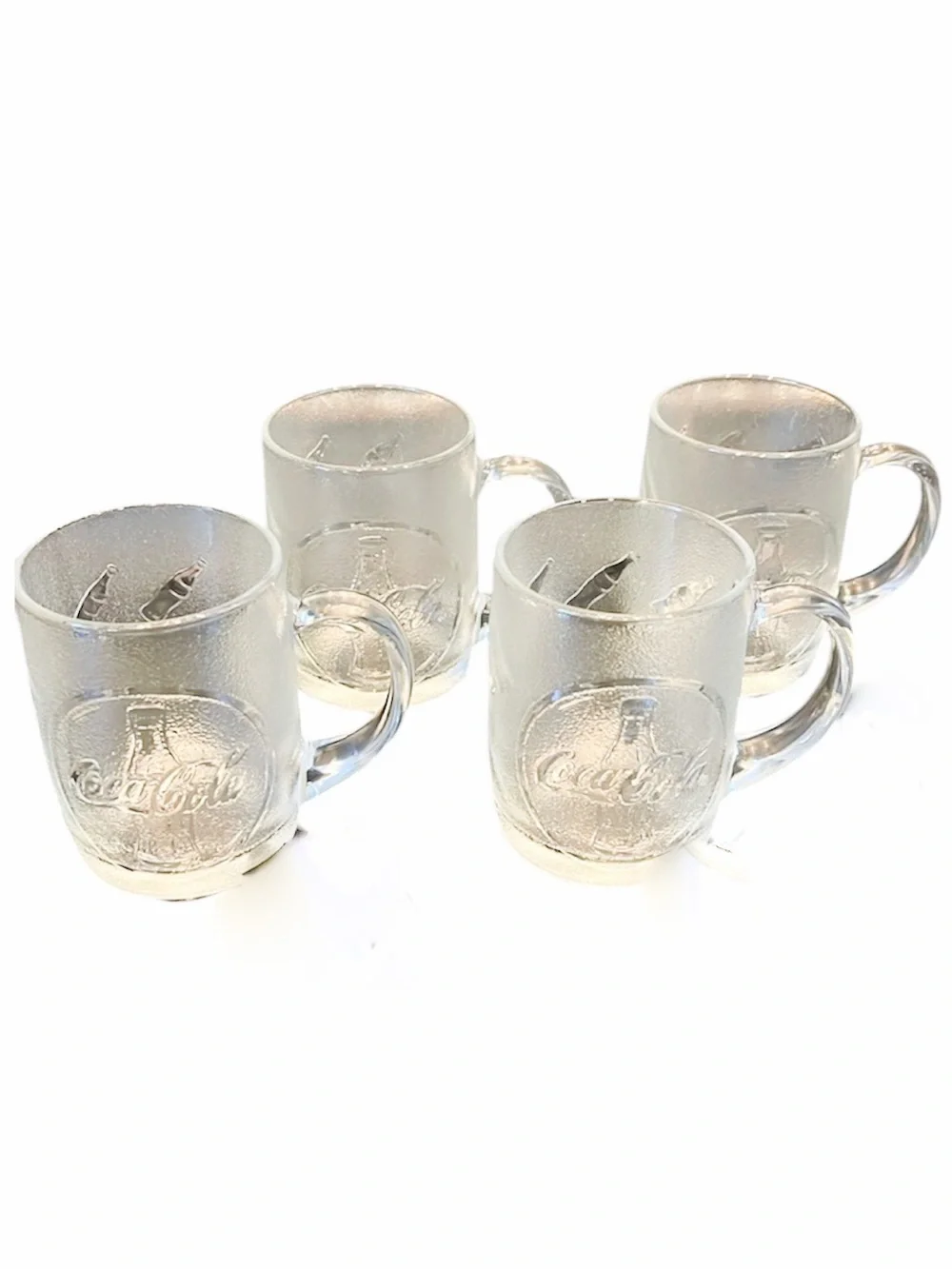 4 Set CocaCola Mugs Coffee Cups Clear Frosted Logo Icon Glasses Coke Bottle Cool